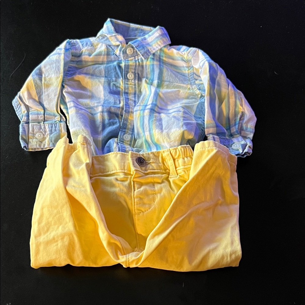 Vibrant Kids Button-Down Shirt in Blue and Yellow Plaid with Yellow Pants